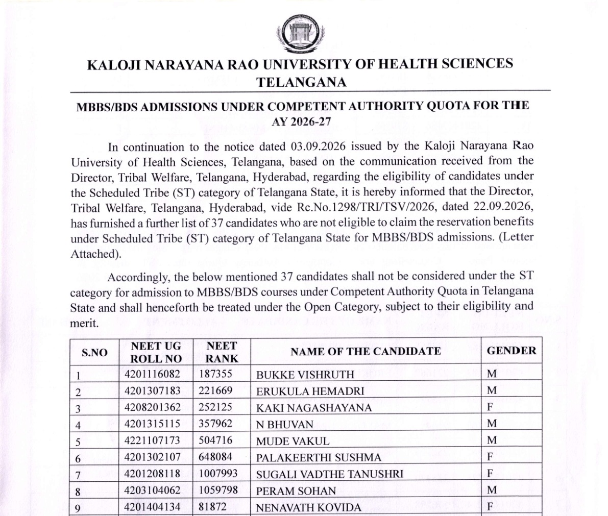 Official KNRUHS notification for MBBS and BDS admissions under the competent authority quota