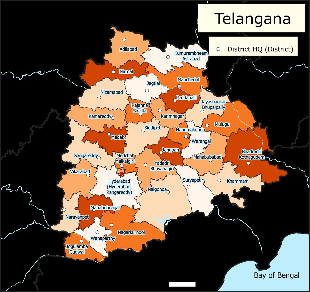 Map of Telangana showing its districts